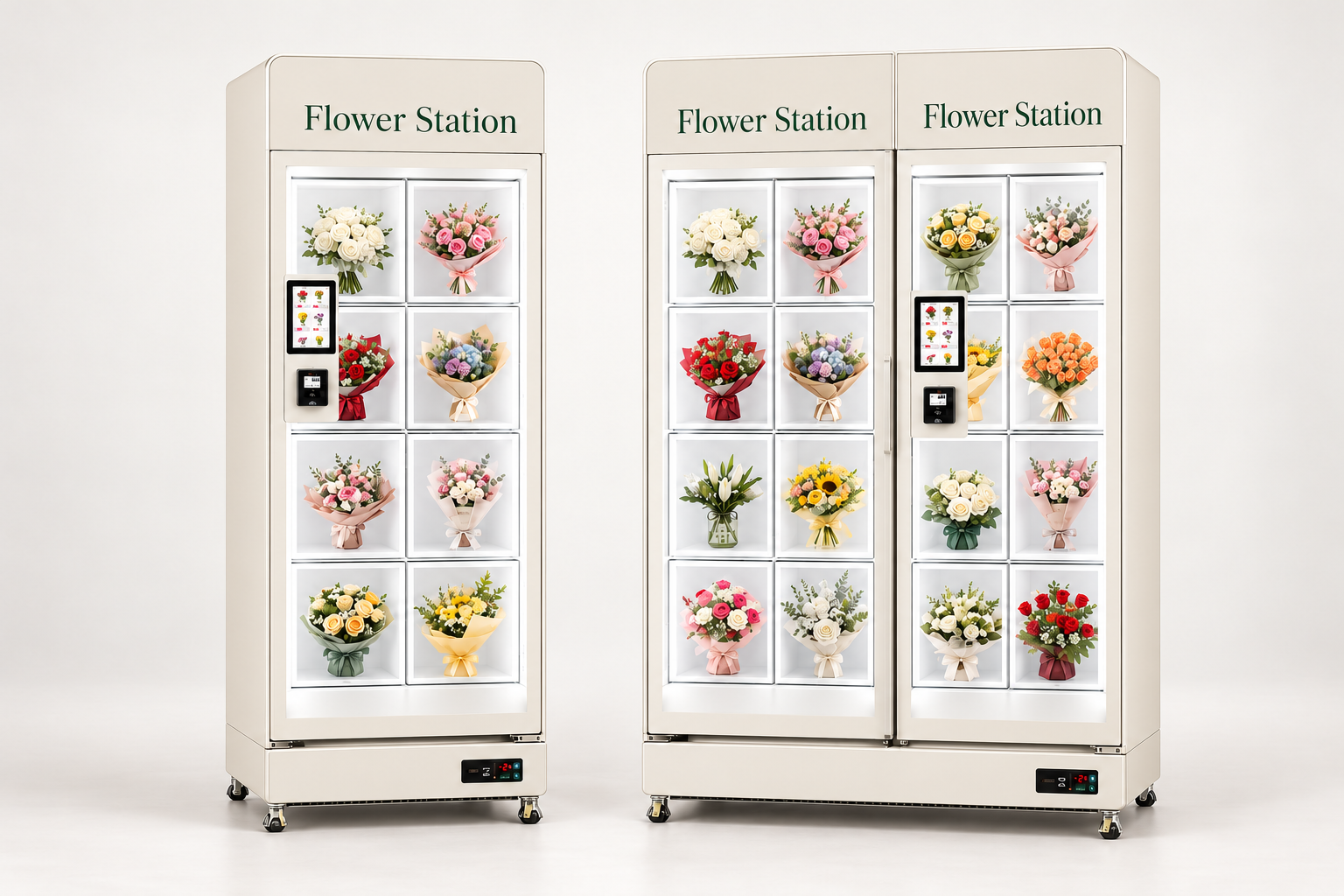 アイボリーのFlower Station。左に8区画のSolo、右に16区画のDuo。透明な扉越しに色とりどりの花束が並ぶ外装イメージ。